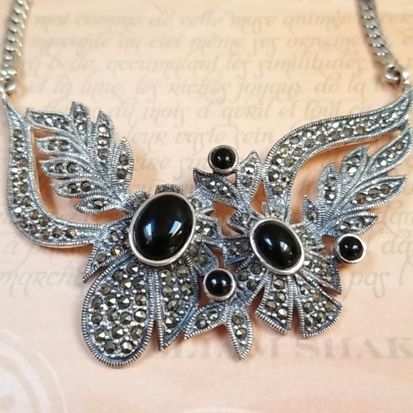 Vintage Art Deco 1920s Sterling Silver Onyx and Marcasite Statement Necklace - Picture 2 of 16